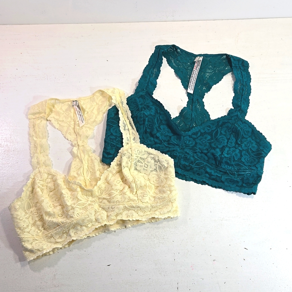 Free People Intimately Lace Green & Yellow Racerback Bralettes Medium
